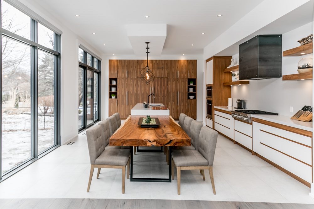 Modern dining room with live-edge table